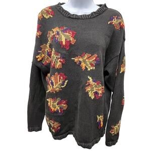 Vintage 90s Intarsia Leaf Knit Sweater Black Cotton Ramie Grunge Y2K M Fall